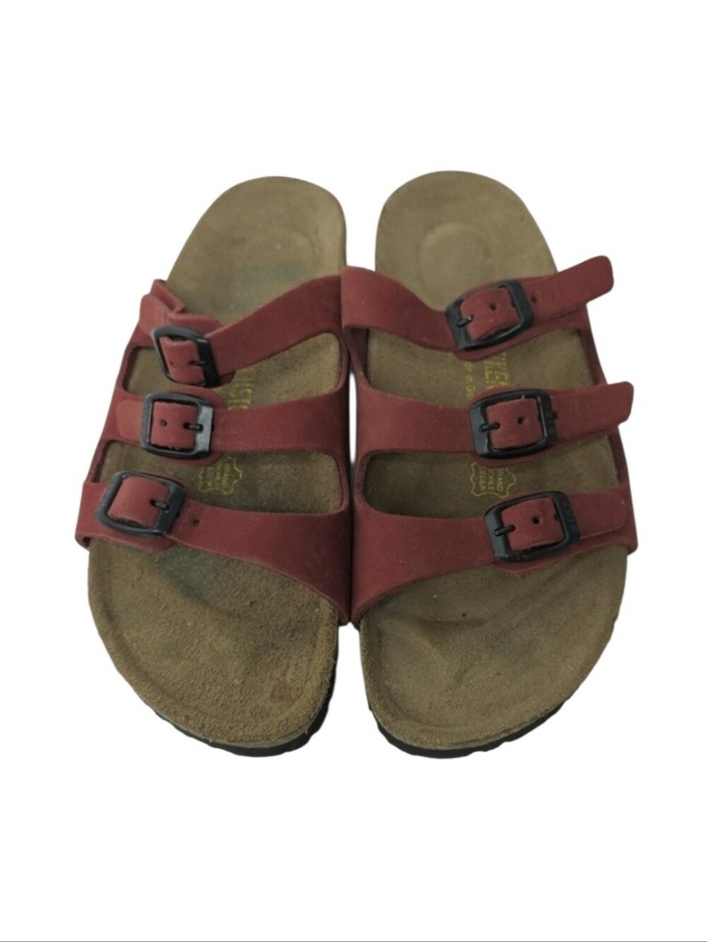 Birkenstock Womens Triple-Strap Red Sandals with Black Buckles Size 37  L6
